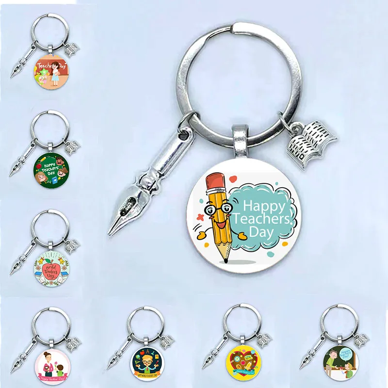 Fashion New Dear Teacher Round Glass Keychain Handmade DIY Book Pen Decoration Pendant Keychain Teacher'S Day Gift Souvenir