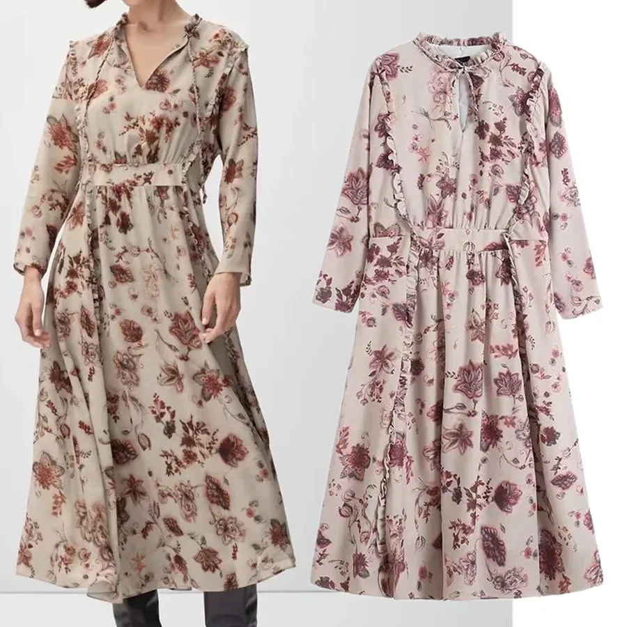 Jenny&Dave Spring Midi Dress Party Dress Women Vestidos Dress Tops  Folk Vintage Floral Prinitng Ruffles Collect Waist Loose