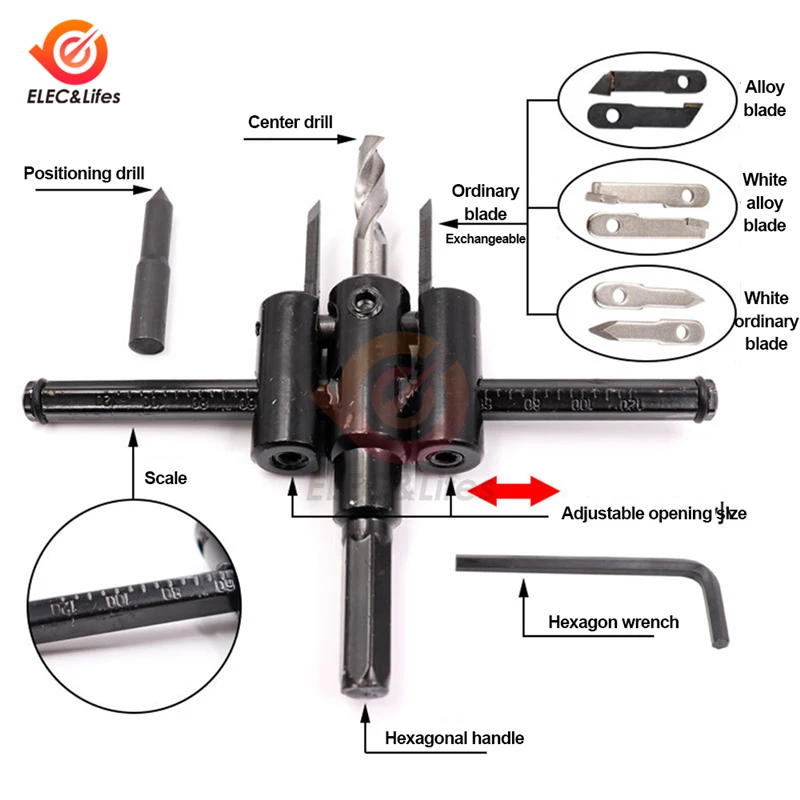 Adjustable Circle Hole Cutter Wood Drill Bit Saw Round Cutting Blade Aircraft Type DIY Tool Hole Opener 30mm-120mm Cordless Dril