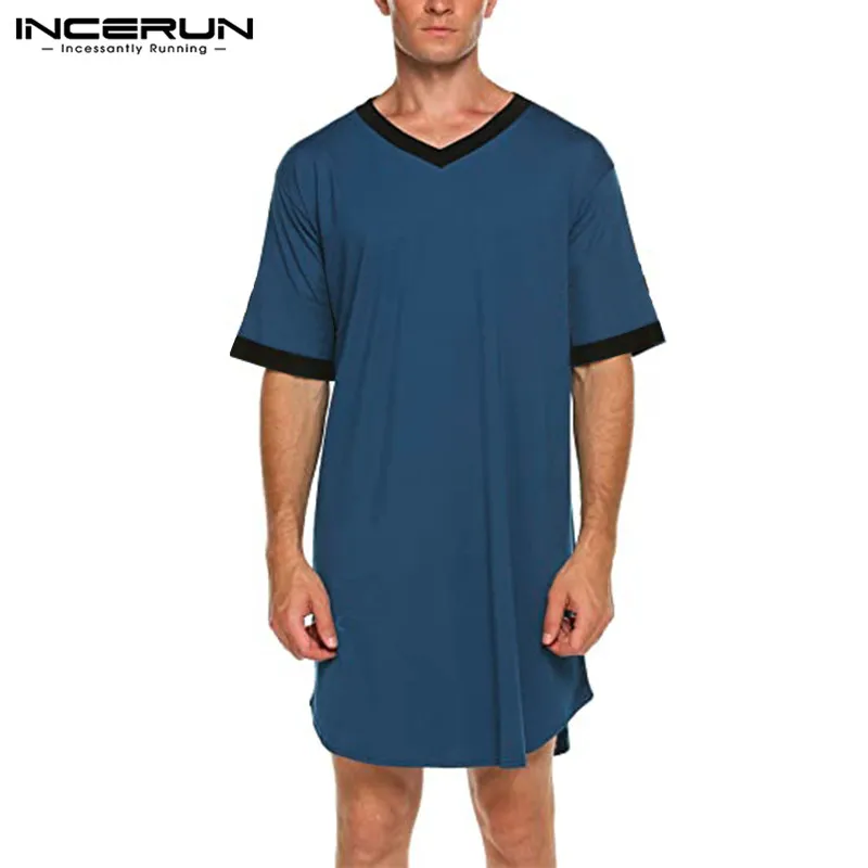 INCERUN Men Sleep Robes Nightgown Short Sleeve V Neck Loose Homewear Comfortable Patchwork Mens Bathrobes Dressing Gown S-5XL