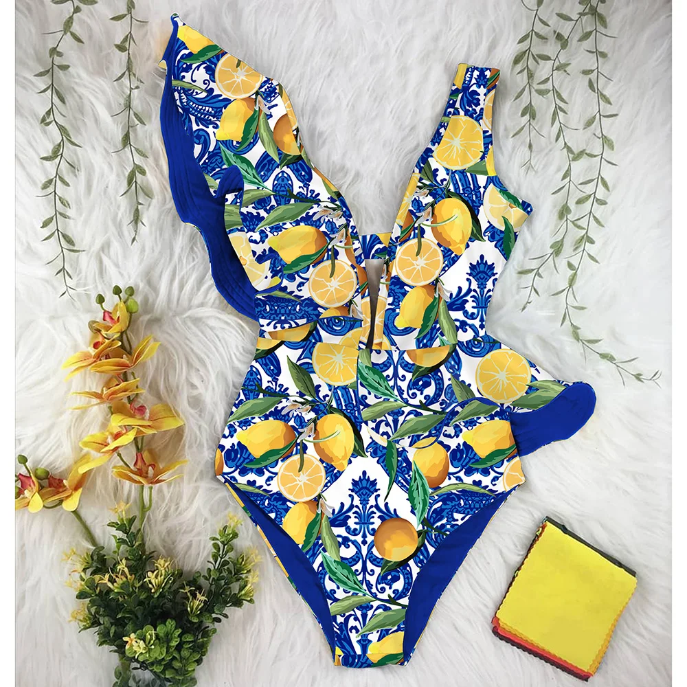 One Piece Swimsuit 2025 Print Plus Size Swimwear Women V-Neck Belt Monokini Sexy Ruffle Bathing Suits Push Up String Beach Wear