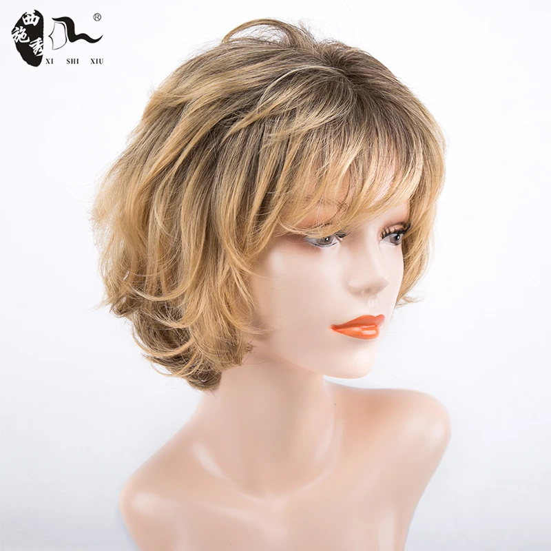 

Mixed Brown Blonde Synthetic Wigs With Bangs For Women Short Natural Wave Fluffy Hair Heat Resistant Fiber Daily Wear Mommy Wigs