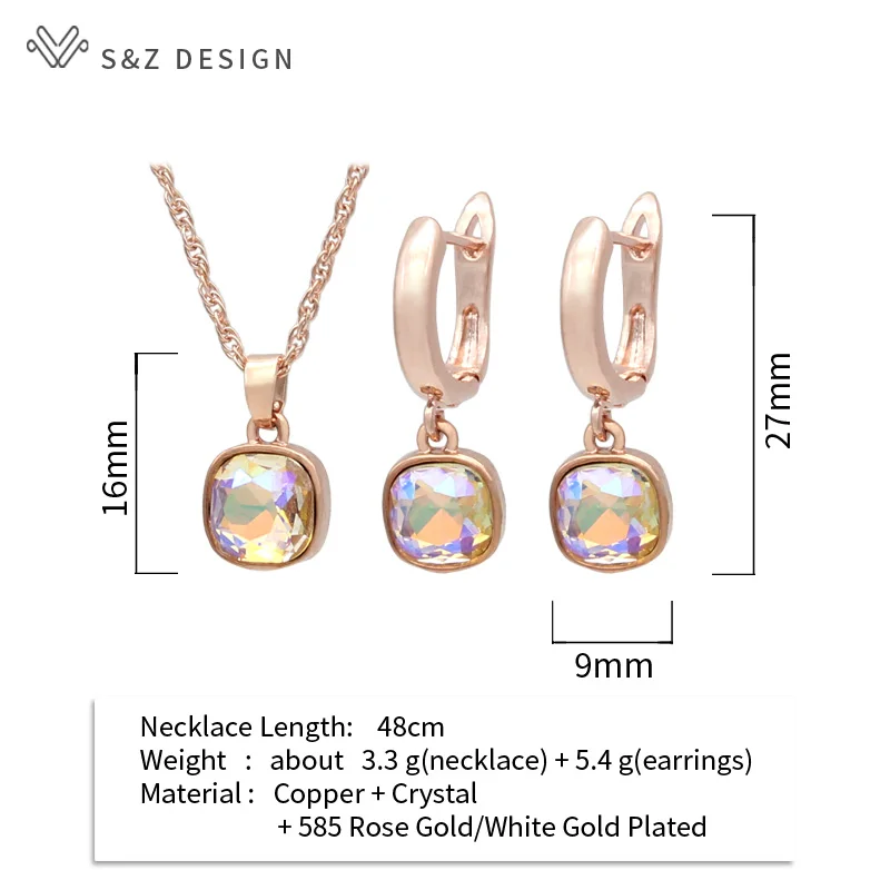 S&Z DESIGN New Trendy Square Crystal Dangle Earrings Pendant Necklace Jewelry Sets For Women Fashion Temperament Jewelry Gift