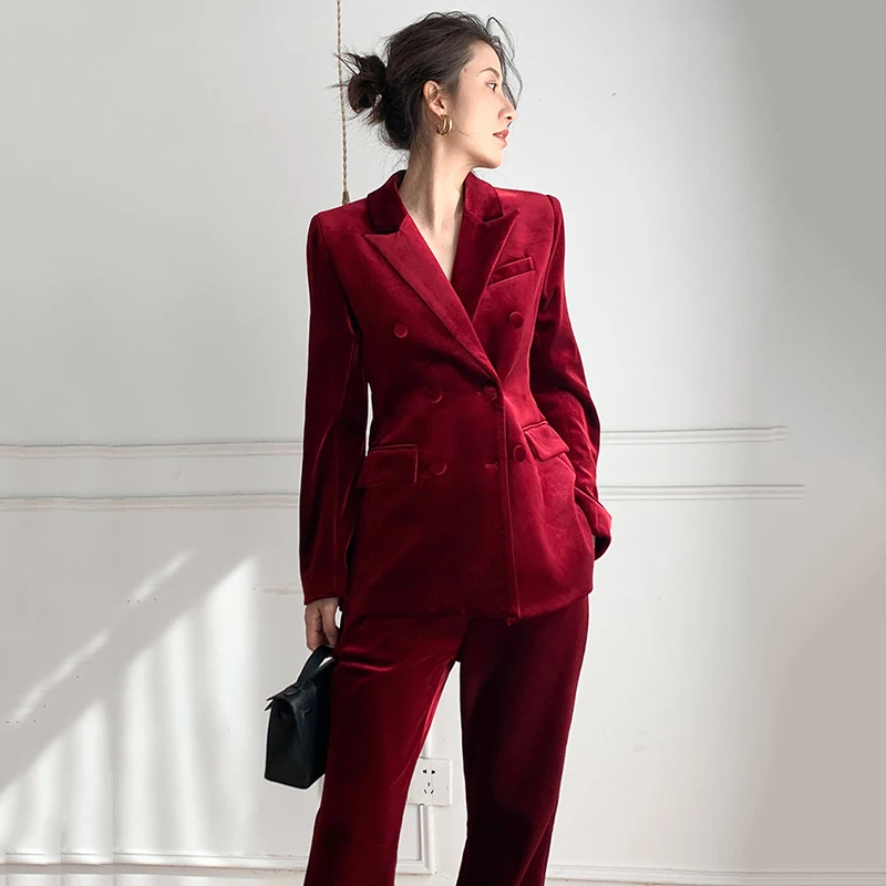 Red Velvet Blazer Peaked Lapel V Neck High Quality Double Breasted Suits Loose Office Lady Daily Casul Party Wear Jacket