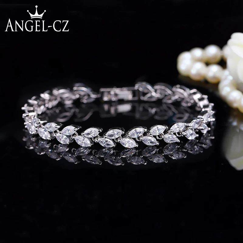 

ANGELCZ Fashion Leaves Cut AAA Cubic Zirconia Ladies Tennis Bracelet High Quality Silvery CZ Jewelry For Wedding Gift AB113