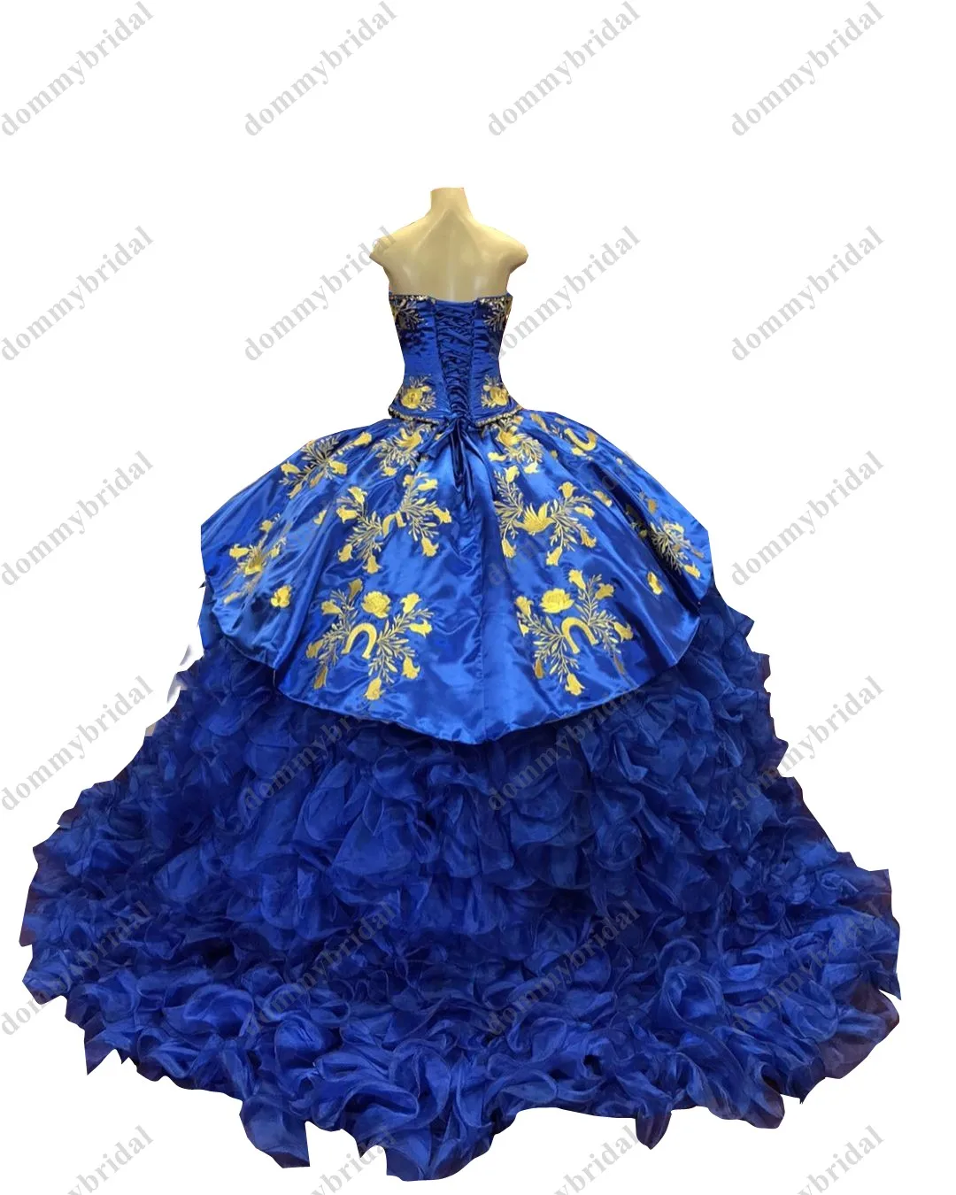 2021 wspaniałe złote haftowane Royal Blue tanie sukienka na Quinceanera Charro meksykańskie bez ramiączek Ruched kryształ Vestido De 15 Anos XV