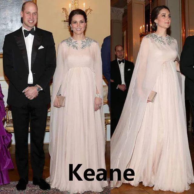 Chiffon Pregnancy Evening Dresses Princess Kate Belt Floor Length Long Sleeves Simple Evening Gown Prom Dress Robe De Soiree