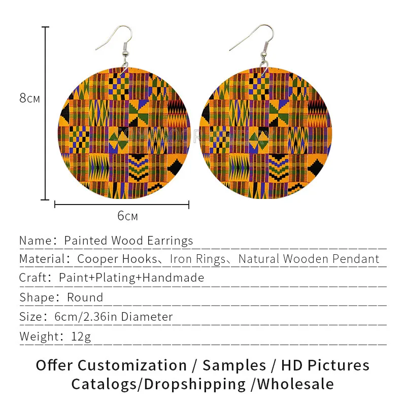 SOMESOOR African Fabric Bohemian Wooden Drop Earrings Afrocentric Ethnic Women Headwrap Designs Both Sides Printed For Women