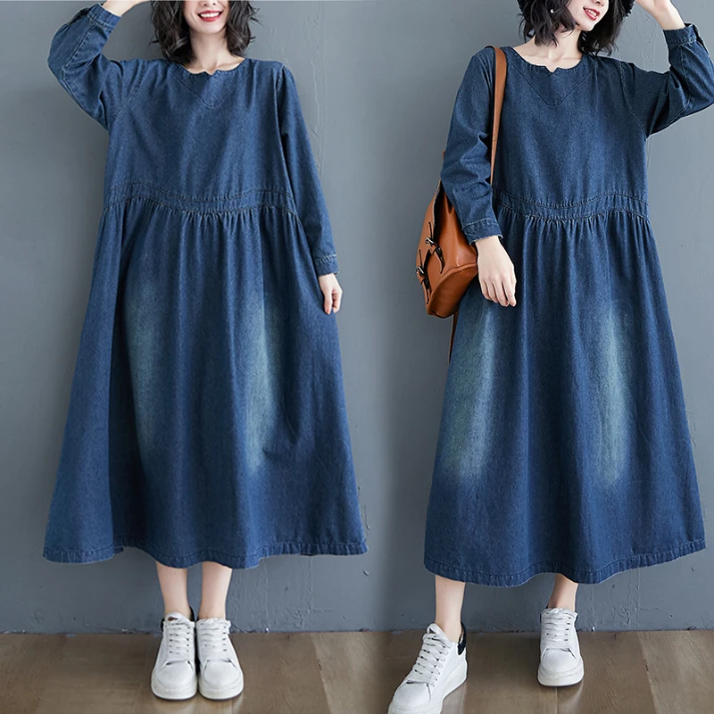 New Patchwork Pleated Vintage Washed Women Denim Dresses With Pockets Small v-Neck Temperament Office Lady Loose Female Frocks