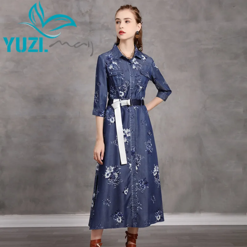 

Dress For Women 2020 Yuzi.may Boho New Denim Silk Dresses Female Turn-down Collar Floral Print A-line Vestidos Femininos A82255