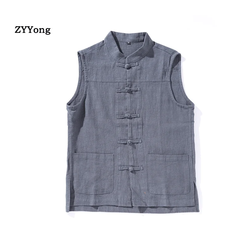 Linen Mans Vest Chinese Style Men Sleeveless Vest Jackets Overcoat Outwear Solid Color Casual Coats Size M-XXXL