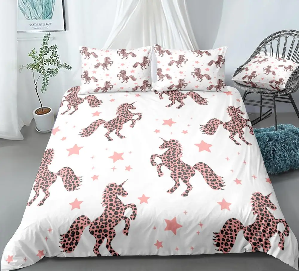 Pink Unicorn Duvet Cover Set Cartoon Animal with Leopard Dots Stars Bedding Kids Boys Girls White Quilt Cover Unicorn Dropship