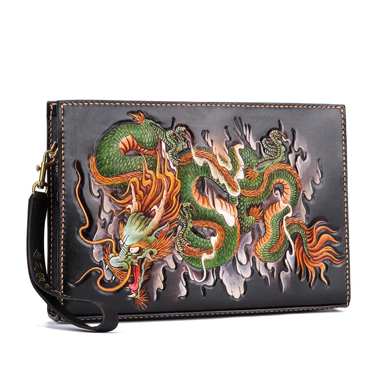 

Women Men Vegetable Tanned Leather Shoulder Bag Money Holder Cowhide Hand-carved Dragon King Clutch Purse Clutches Envelope