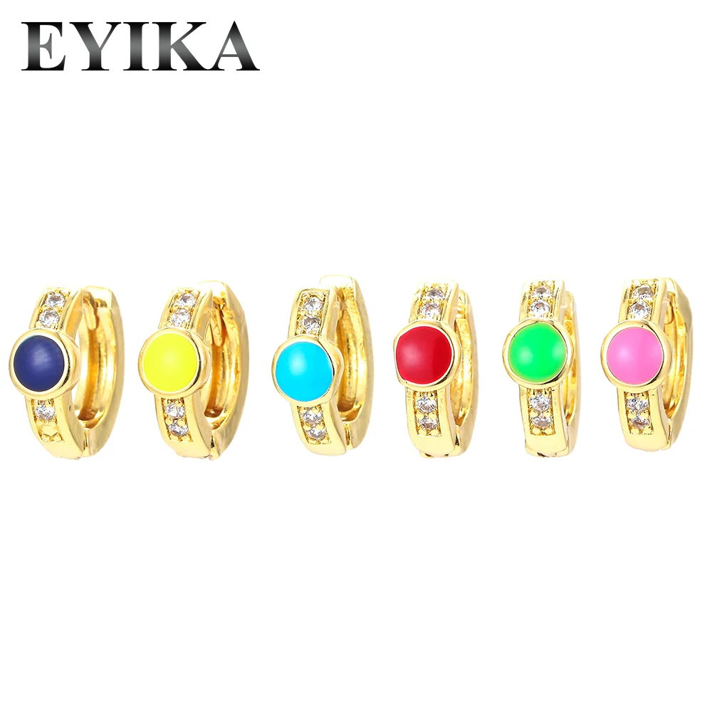 

EYIKA Colorful Small Hoop Earrings for Women Neon Yellow Green Enamel Zircon Gold Color Huggie Earring Fluorescent Jewelry Gift