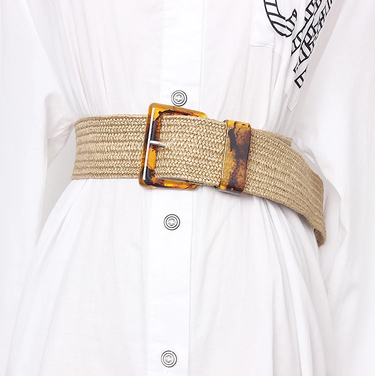 Braided Belt with Wooden Buckle Ladies Casual Solid Luxury Fashion Dress Summer High Quality Woven Women straw Belt Wood BZ123