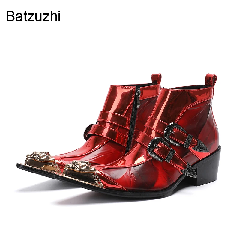 

Batzuzhi Punk Men's Shoes Boots Pointed Metal Head Red Leather Ankle Boots for Men Red Party and Wedding Boots Buckles, 38-46