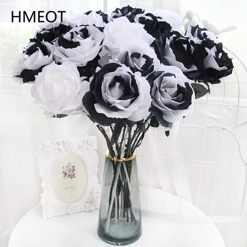 Rosa de alta simulación, rosa blanca y negra, arreglo Floral de boda, decoración del hogar, diseño de fondo de flores artificiales