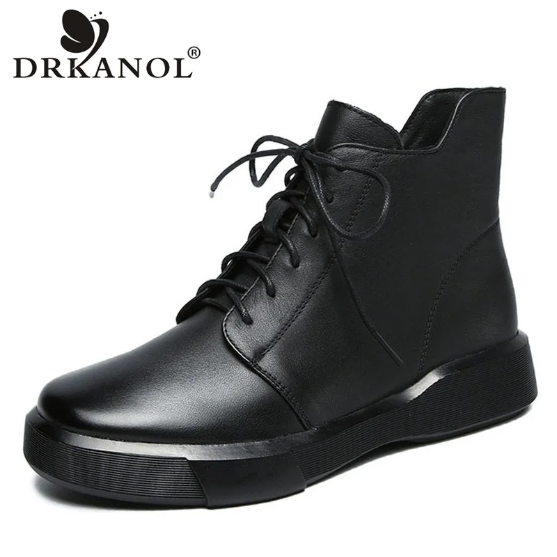 DRKANOL 2024 New Classic Black Flat Ankle Boots Women Genuine Leather Boots Soft Bottom Rubber Non-slip Winter Warm Casual Shoes