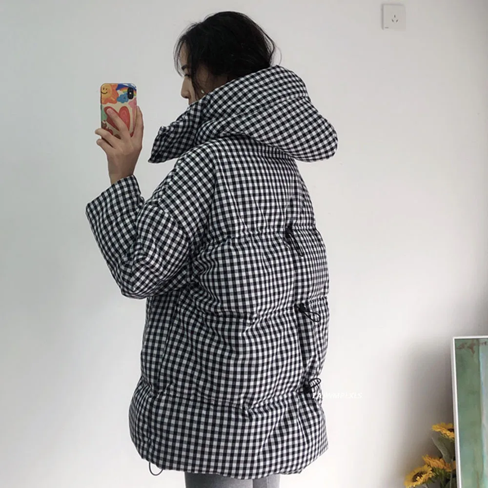 Manteau Chic en duvet de canard pour femme, veste en duvet de canard, style rétro classique, à carreaux noirs et blancs, avec capuche ample, 90%,