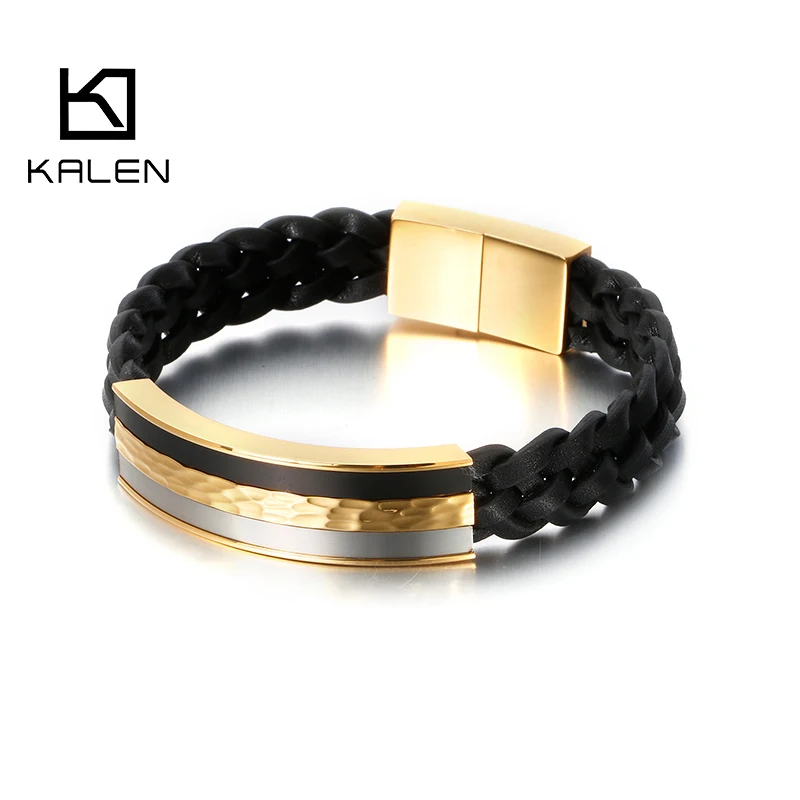 KALEN 21.5cm Black Genuine Leather Bracelet Men Stainless Steel Hip Hop Biker Bracelet Jewelry