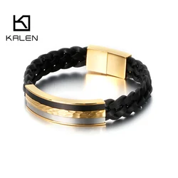 KALEN 21.5cm Black Genuine Leather Bracelet Men Stainless Steel Hip Hop Biker Bracelet Jewelry