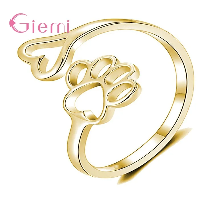 Simple Dog Claw Ring For Men Women Girl Silver Rose Gold Hollow Animal Paw Love Heart Open Rings Jewelry Supplies