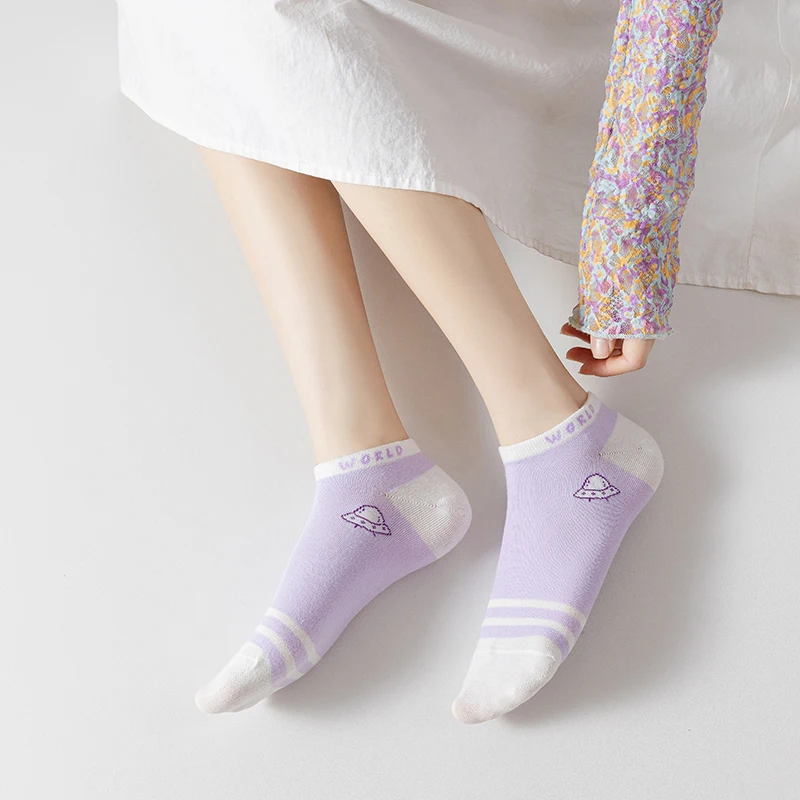 5 Pairs Women Socks Harajuku Kawaii Spring Autumn Cartoon Socks Moon Rocket Earth Female Soft Cotton Girls Casual Ankle Socks