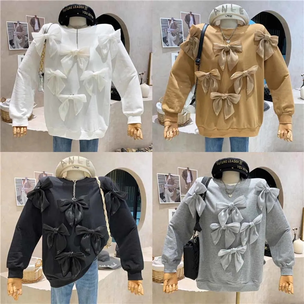 2022 Spring Crystal Bow Knot Sweet Sweatshirt Women Casual Fashion Outfit Solid Loose Long-sleeved Top