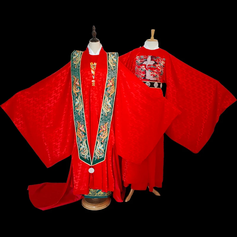 Ming Dynasty Ancient Chinese Traditional Wedding Costume Sets Long Tailed Embroidery Male Female Couple Lovers' Hanfu Drama