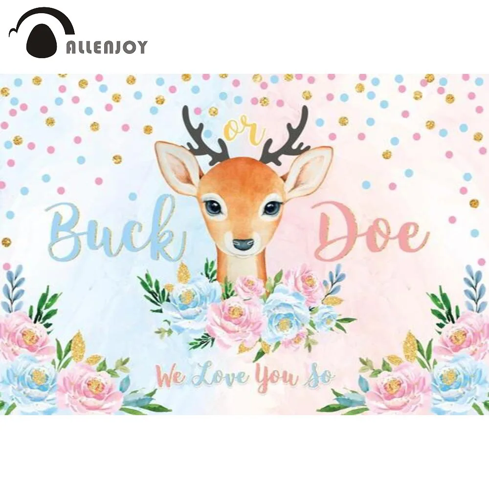 

Allenjoy Gender Reveal Baby Shower Boy or Girl Dots Background Deer Birthday Party Banner Flowers Leaves Photophone Backdrop