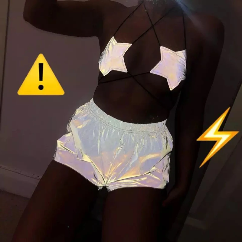 Solid Color Low waist Elastic Waist Sexy Shorts Women Hip Hop Shiny Short Pants Night Light Reflective Shorts  Casual Shorts