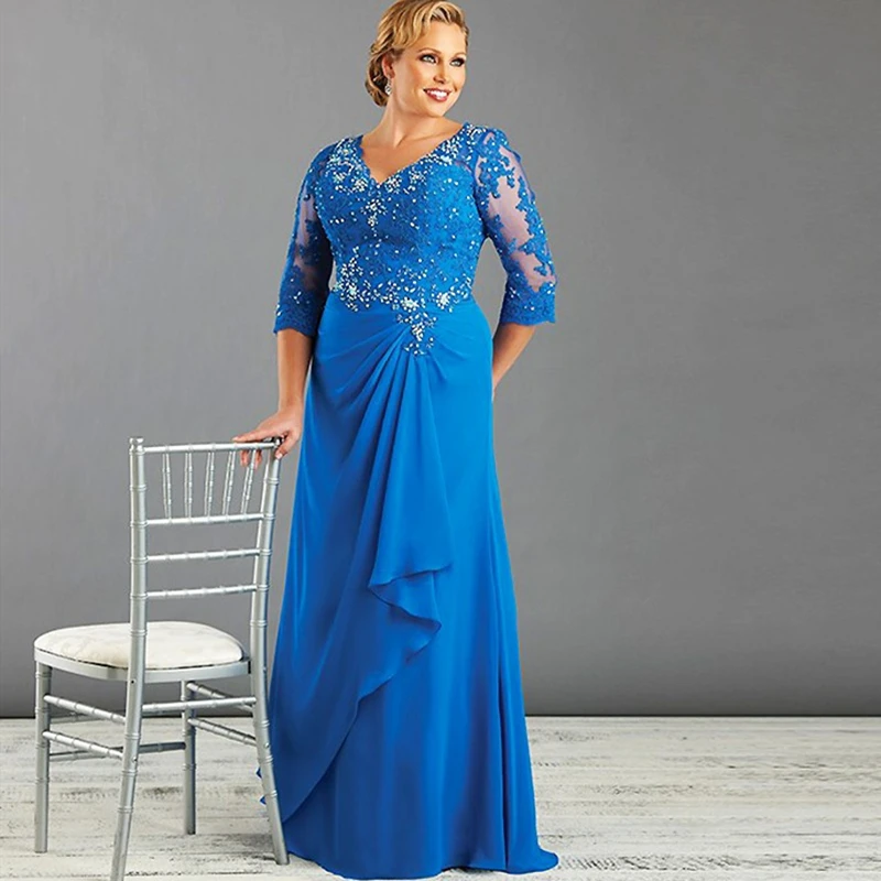 

Royal Blue Mother Of The Bride Dresses A-line V-neck 3/4 Sleeves Chiffon Appliques Plus Size Long Groom Mother Dresses Wedding