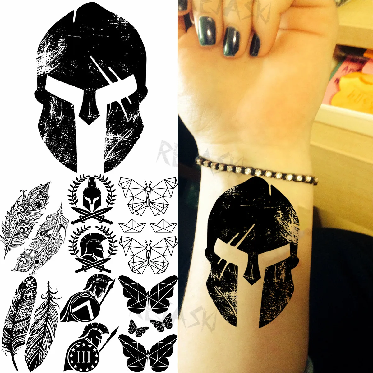 Black Helmet Spartan Temporary Tattoos For Men Adult Butterfly Feather Henna Fake Tattoo 3D Body Art Disposable Tatoos Sticker