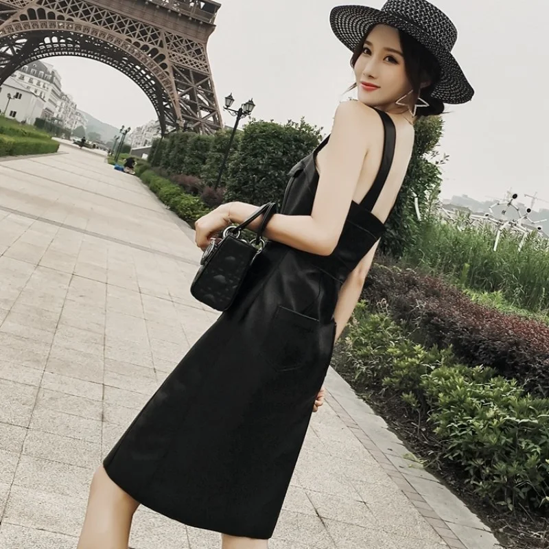 Runway Fashion Women Autumn Spring Black Genuine Leather Real Sheepskin High Waist Strap Slim Elegant Single Breasted Dress