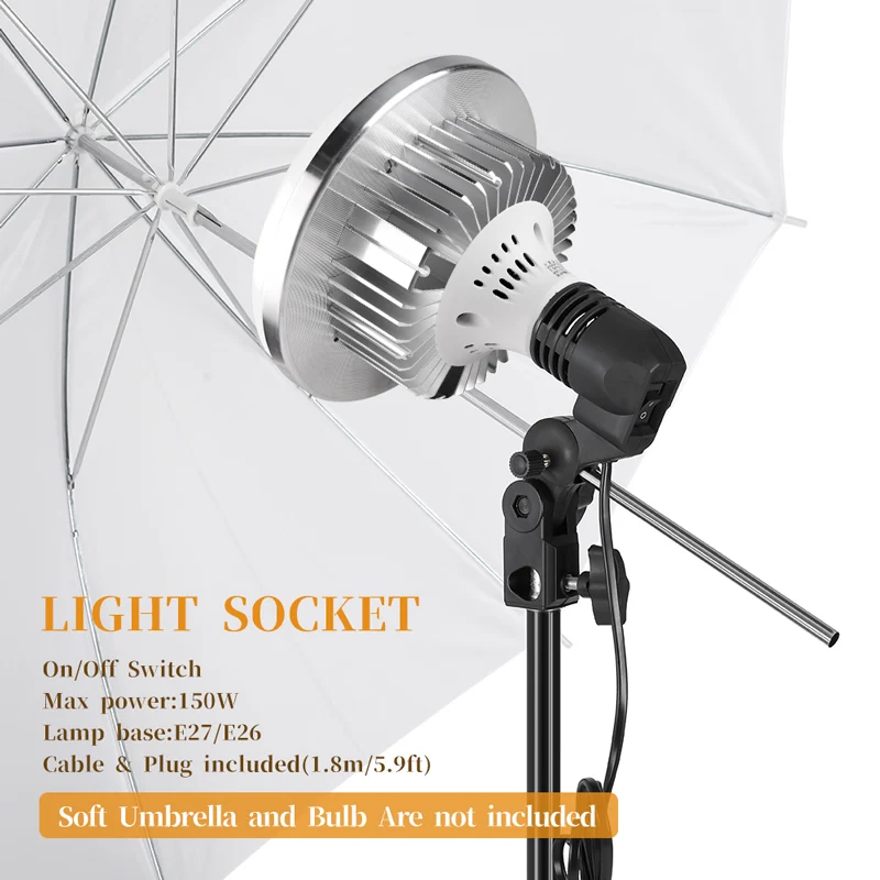 1.8m Cable Cord Light Bulb Stand E26 / E27 AC Socket Lamp Holder with Umbrella Holder Photography Light Bulb Mount for Photo