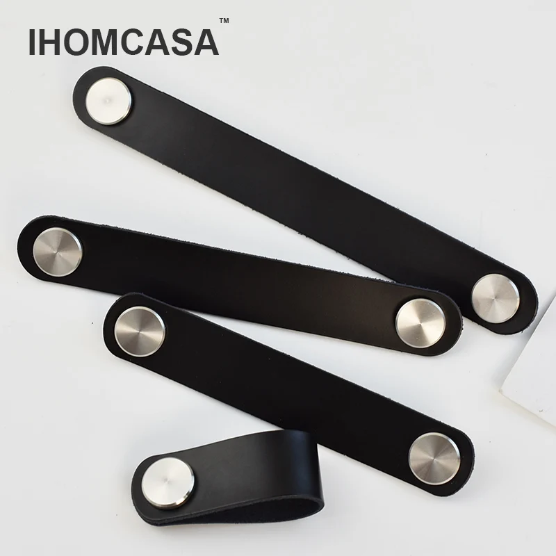 IHOMCASA-tiradores de cuero para muebles de cocina, pomo de latón para puerta de armario, armario, zapatos, acero inoxidable plateado