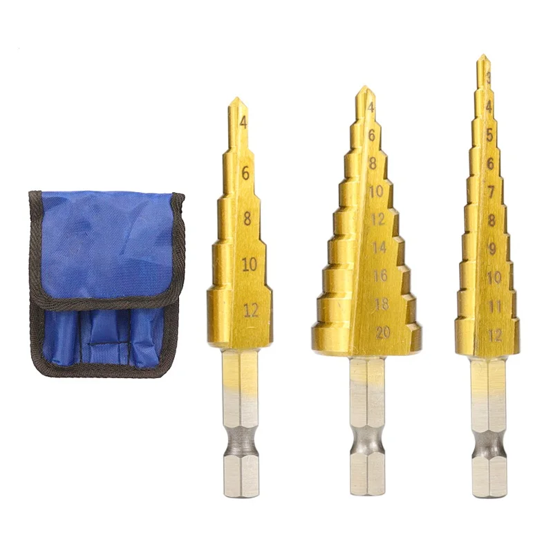XCAN HSS Schritt Bohrer Set 3 stücke 3-12mm 4-12mm 4-20mm zinn Beschichtet Holz Metall Loch Cutter Kegel Bohren Werkzeug Metall Bohrer