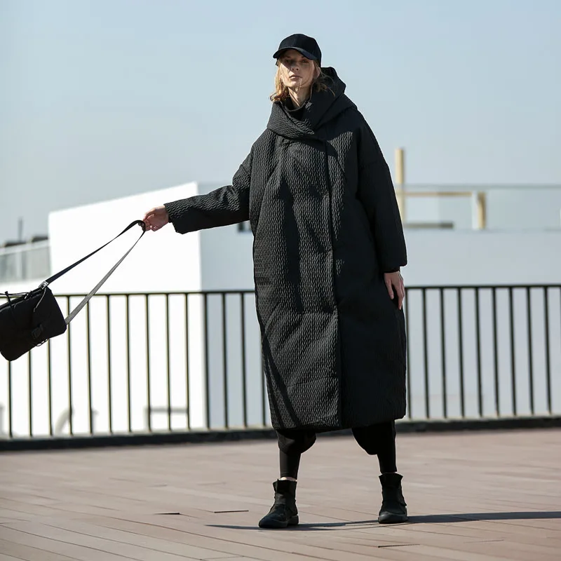 Women Thick Winter Warm Oversized Hooded Down Original Design Casual Ultra Loose Black X-Long Puffer Jacket Coat