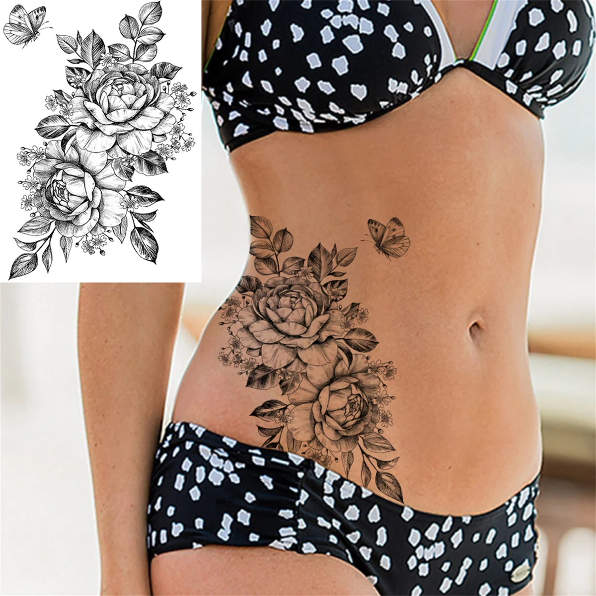 Large 3D Rose Flower Temporary Tattoos For Women Men Adults Death Skull Tattoo Sticker Peony Dahlia Black Fake Tatoos Forearm