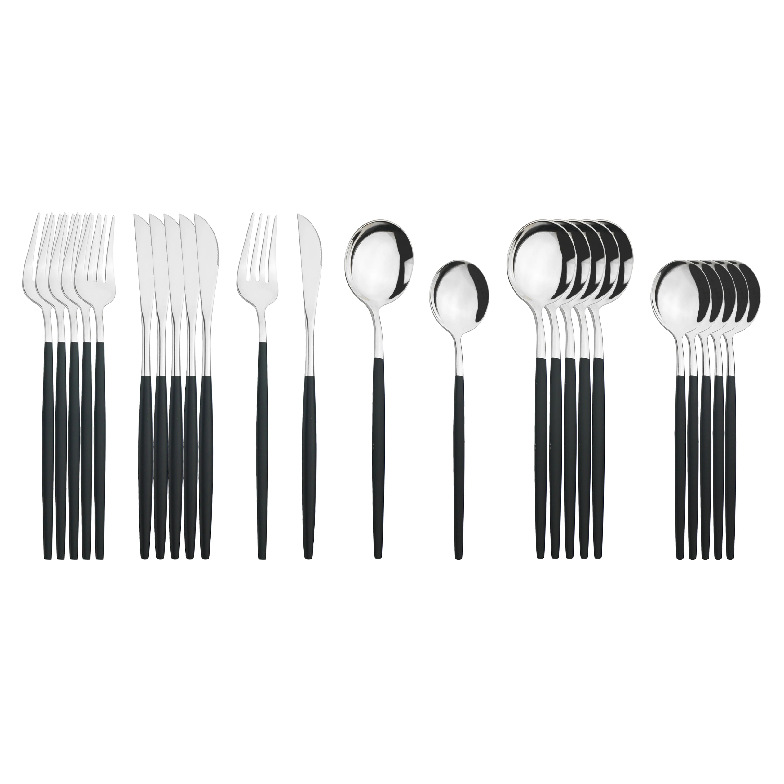 24Pcs/Set Black Silver Cutlery Set Knives Fork Dessert Spoon Dinnerware Set Stainless Steel Silverware Set Kitchen Tableware Set