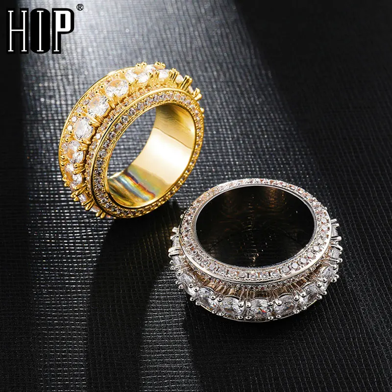 Hip Hop Rotatable 5 Row Iced Out Bling Full CZ Charm Tready Copper Cubic Zircon Ring For Men Women Jewelry