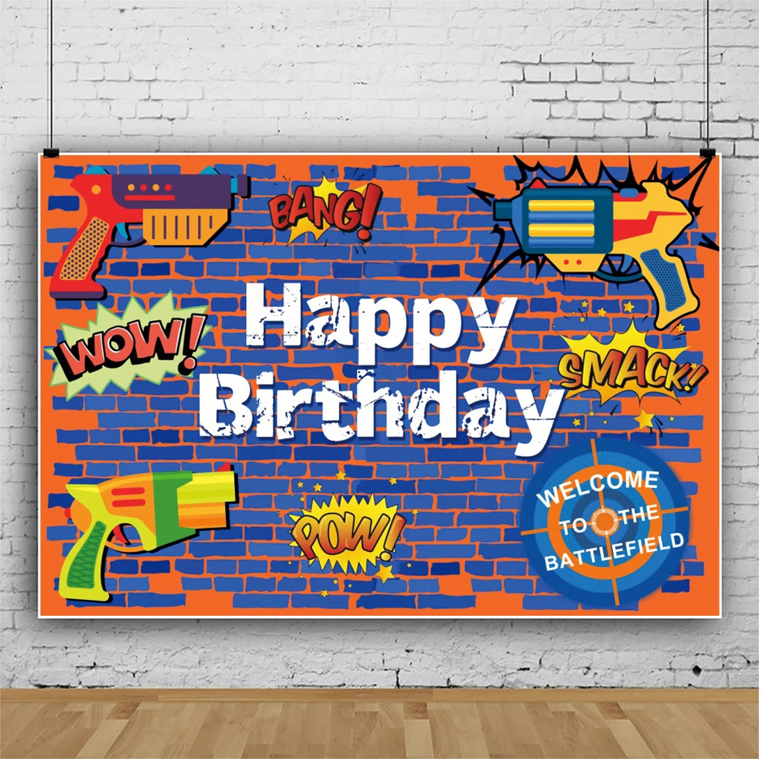 Laeacco Cartoon Graffiti Child Birthday Background Banner Blue Brick Wall Toys Pattern Customized Photographic Photo Backdrops