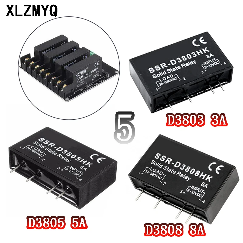 5pcs Solid State Relay SSR-D3803HK SSR-D3805HK SSR-D3808HK DC-AC SSR D3803 D3805 D3808 3A 5A 8A Relays PCB Dedicated with Pins