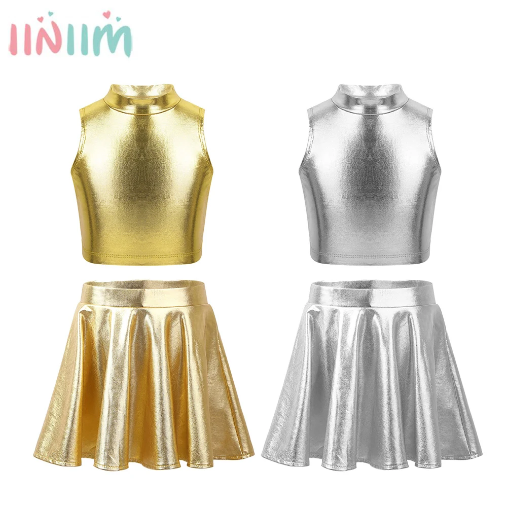 Gold Silver Girl Skirt High Waist Student Pleated Dress with Metallic Tops Cute Sweet Girls Dance Mini Skirt