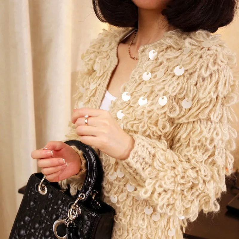 Autumn Winter Korean Women Tassel Mohair Cardigans Sweater Coat Female Long Sleeve Sequins Cardigans Jacket Tricot Femme Tops