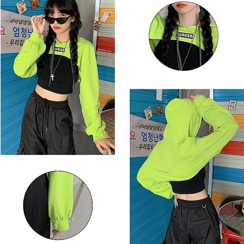 Harajuku Hoodies Women School Students Kpop Hooded Green Crop Top  Fashionable Elastic Japanese Style Chic Sweatshirt New