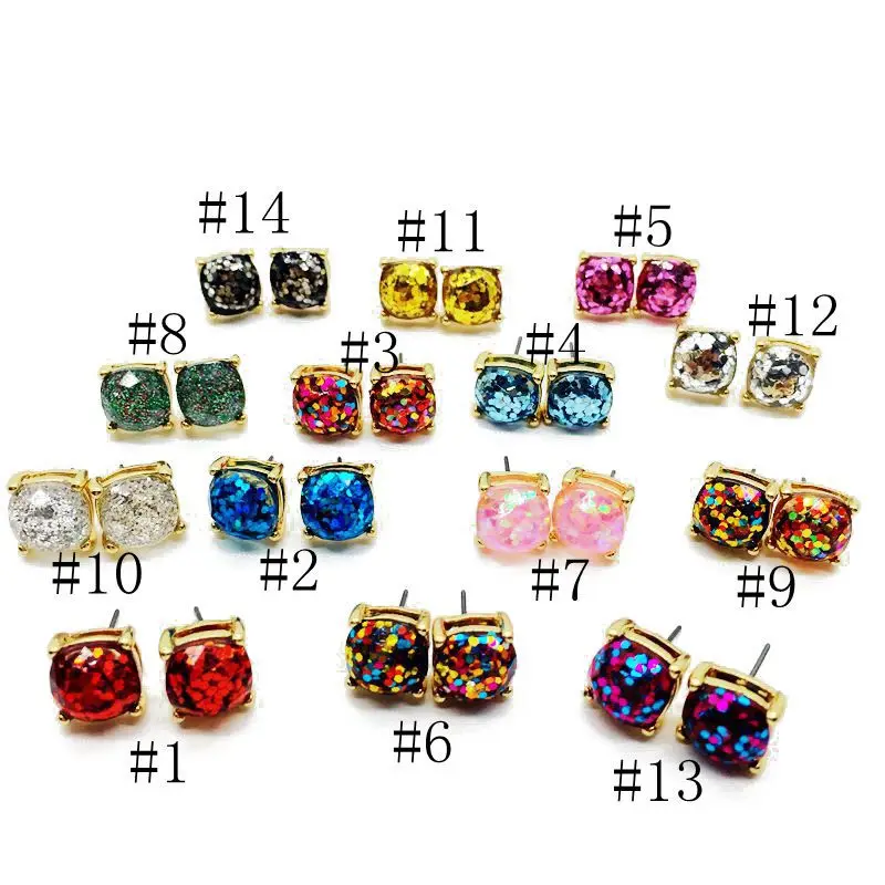 Rainbow Square Glitter Stud Earrings Fashion Resin Opal Earings Gold Color  Brand Jewelry Women Wedding Party Gift