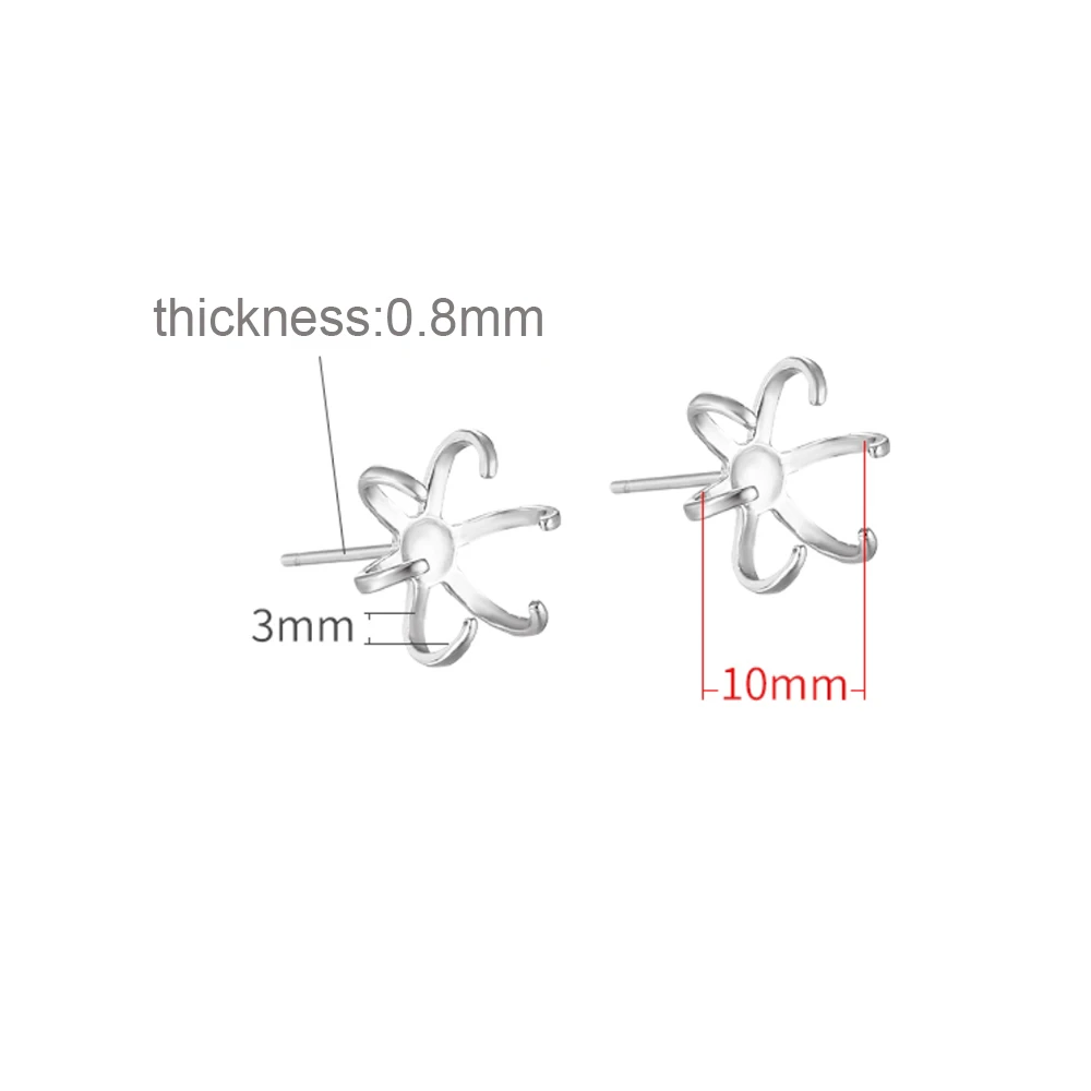 2 Pairs 925 Sterling Silver 6 Claws Earring Blank Stud Post Earring Mounting fit 10-14/12-16mm Stone for DIY Jewelry Making