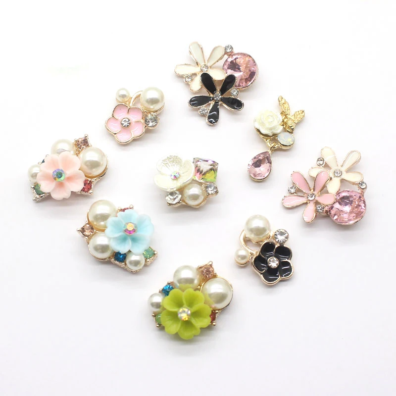 10Pcs Fashion Rhinestone Flower Brooch DIY Dress Bow Tie Decoration Bow Tie Handmade Alloy Headdress Wedding Design