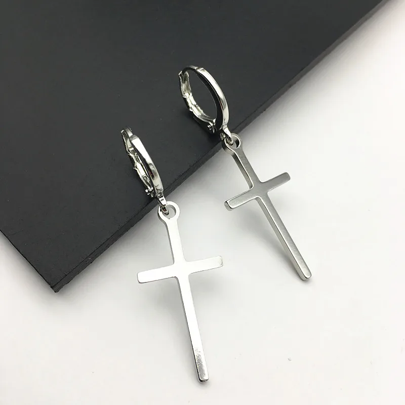 Men\'s cross earring in gold  or black, wire hoop dangle cross earrings, cross earring for guys, Steel color cross earring, 553YW